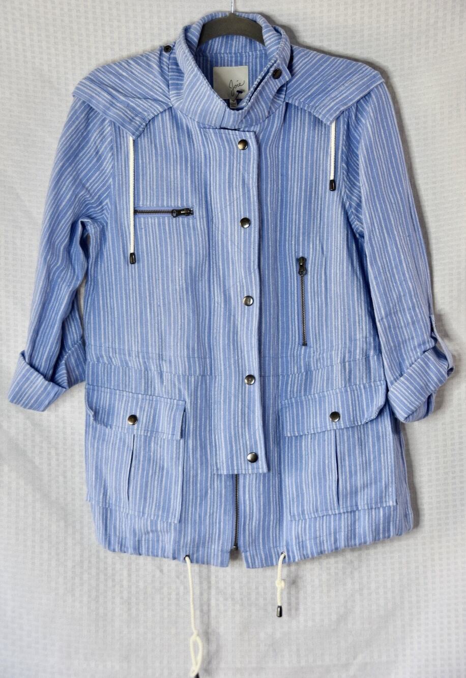 Joie Designer Blue Striped Anorak Barker Hooded Linen Jacket Blazer Size M